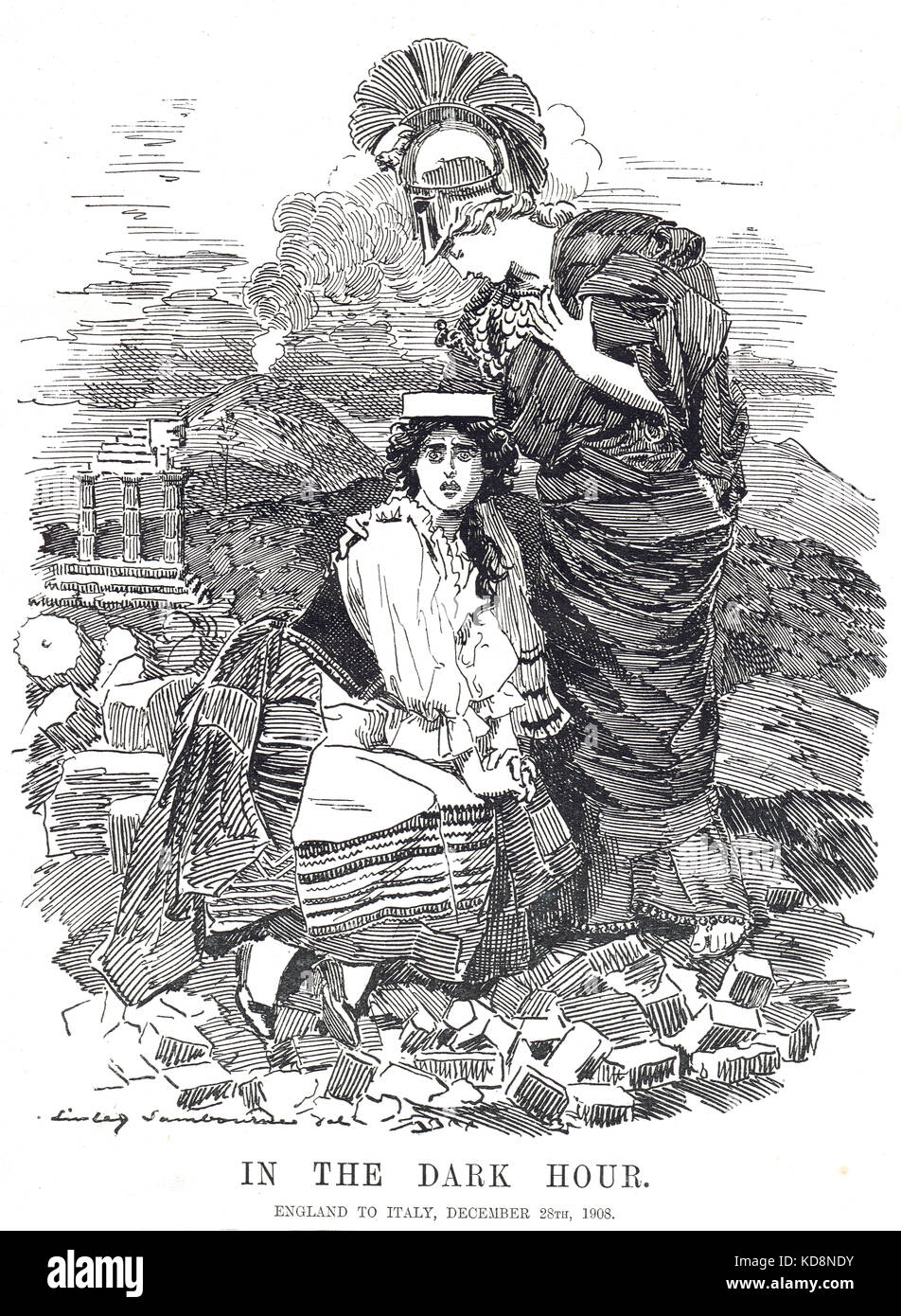 Das Erdbeben von Messina, 28. Dezember 1908. England bietet Italien Hilfe an. Punch Cartoon vom 6. Januar 1909 Stockfoto