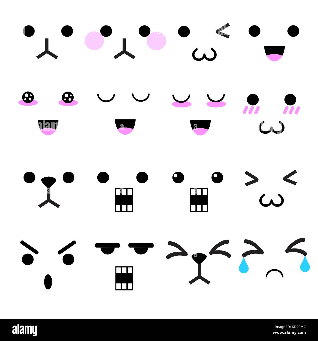 Kawaii süß Gesicht in adorable Icons Set Vector Stockfoto