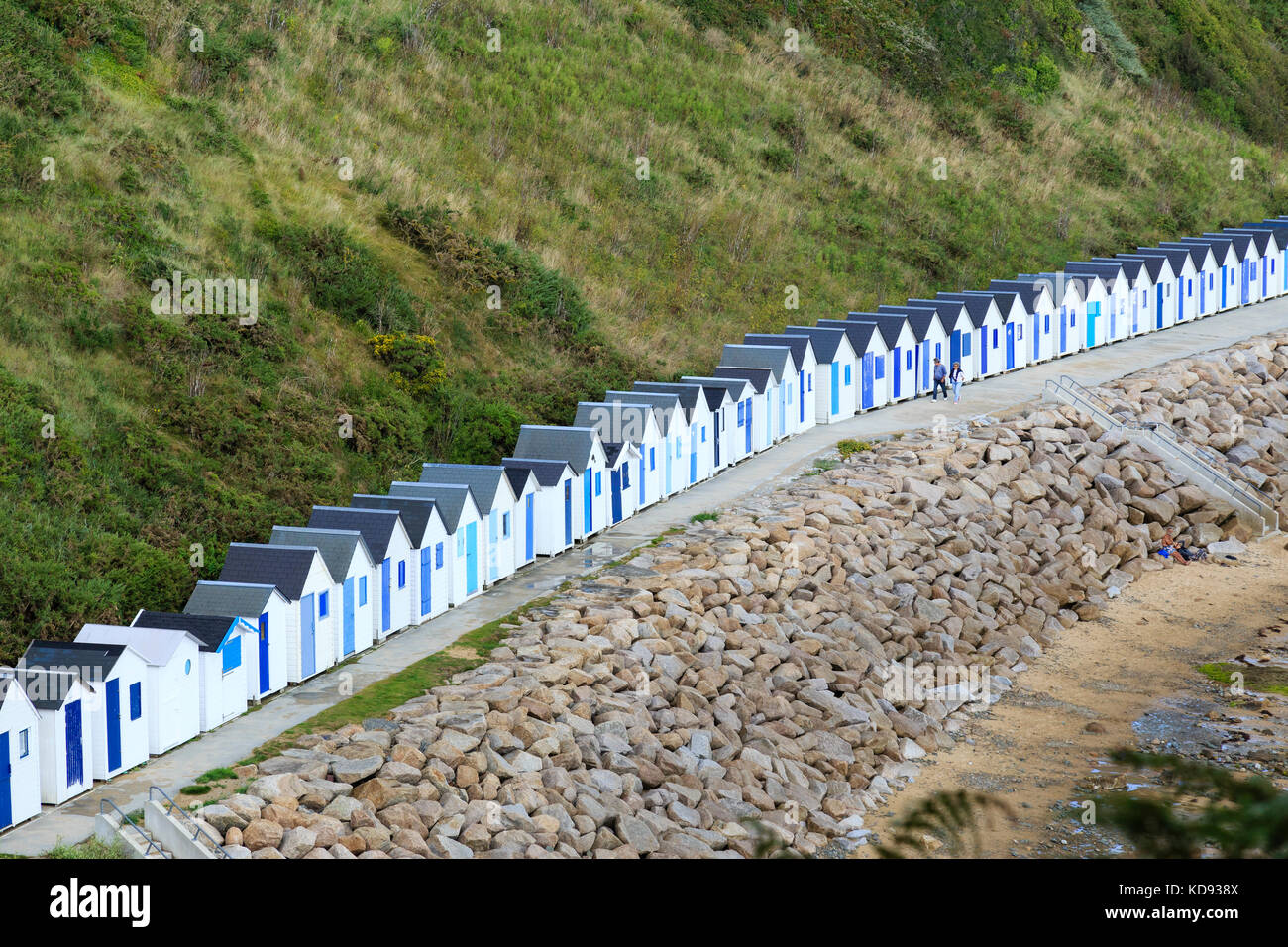 Frankreich, Calvados (50), Cotentin, Cherbourg, les Kabinen de bain de la Plage de La Potinière // Frankreich, Manche, Cotentin, Barneville Carteret, Stockfoto