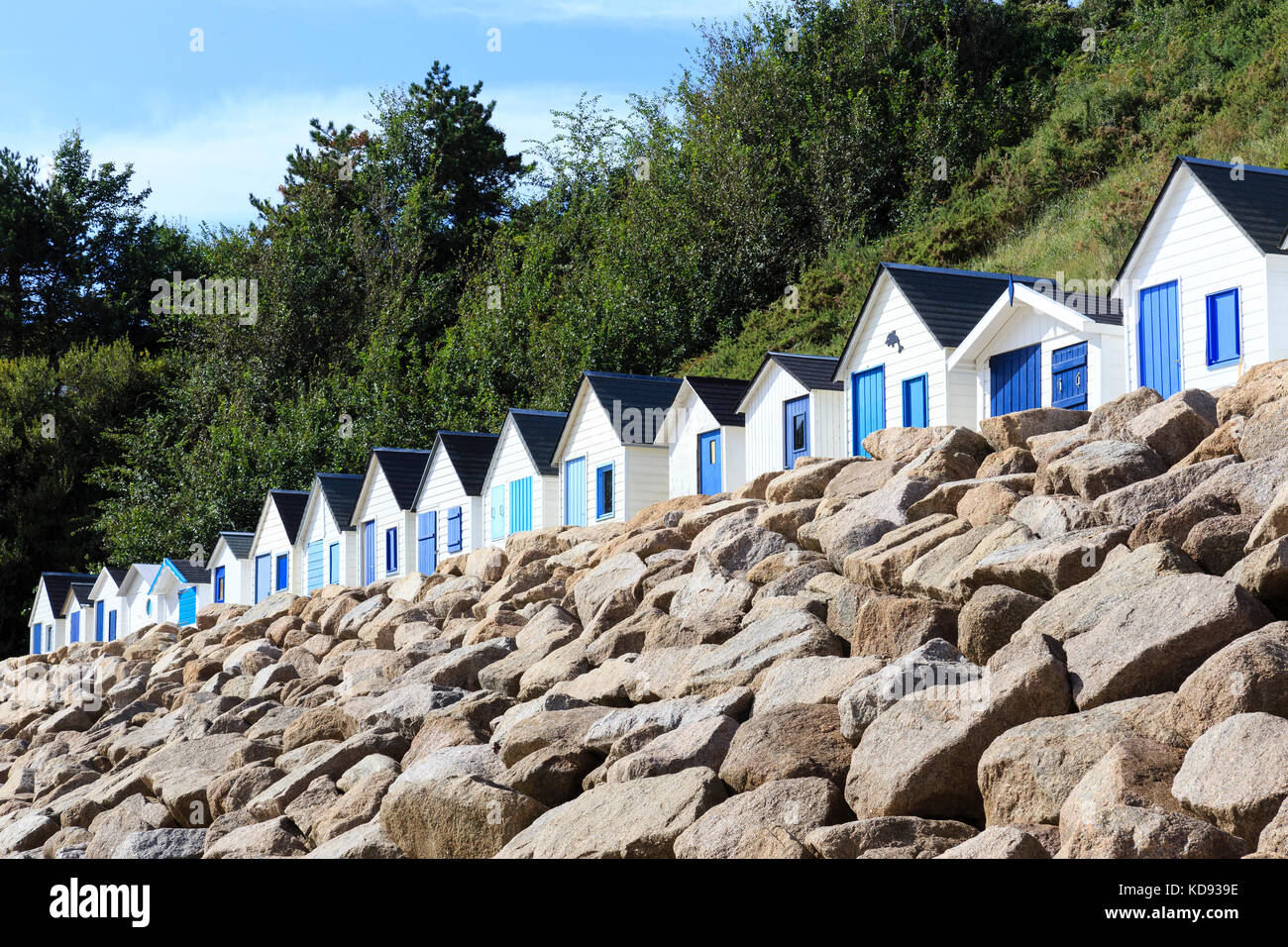 Frankreich, Calvados (50), Cotentin, Cherbourg, les Kabinen de bain de la Plage de La Potinière // Frankreich, Manche, Cotentin, Barneville Carteret, Stockfoto