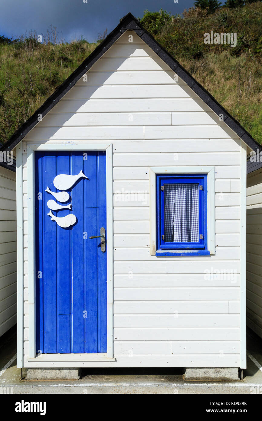 Frankreich, Calvados (50), Cotentin, Cherbourg, cabine de bain de la Plage de La Potinière // Frankreich, Manche, Cotentin, Barneville Carteret, Beac Stockfoto
