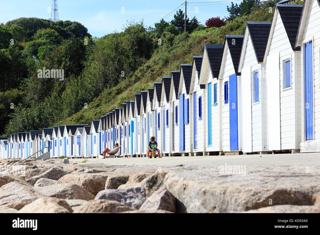Frankreich, Calvados (50), Cotentin, Cherbourg, les Kabinen de bain de la Plage de La Potinière // Frankreich, Manche, Cotentin, Barneville Carteret, Stockfoto