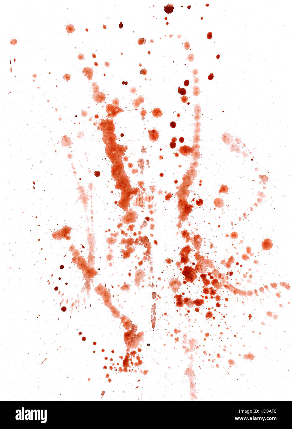 Splatters, Splinter, Flecken, blots und Blobs von Farbe auf weißem Papier Stockfoto