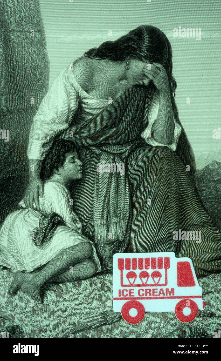 Antike Bibel Gravur mit verzweifelten Frau Kind zu ihr Holding mit modernen ice cream van im Vordergrund Stockfoto