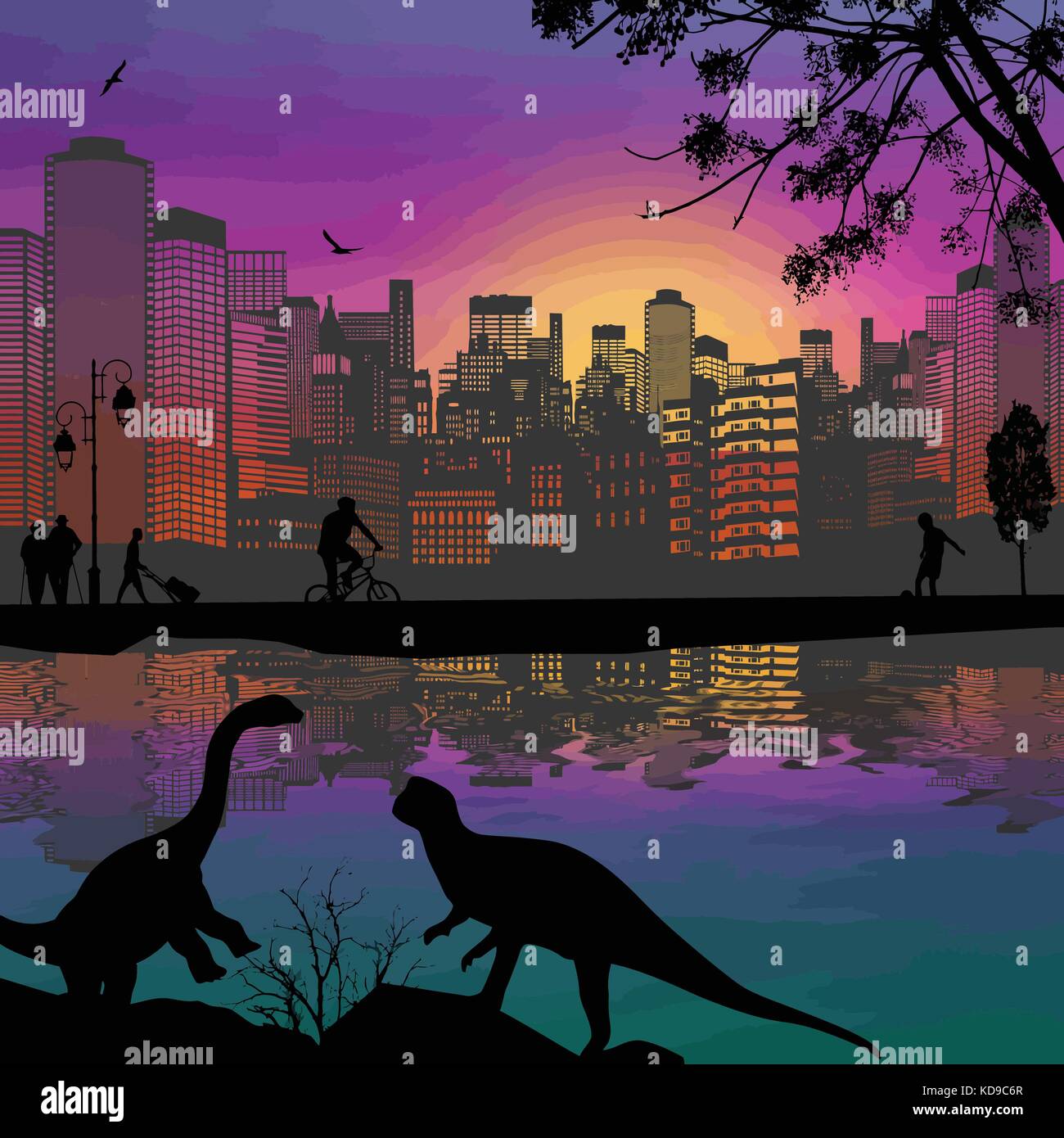Dinosaurier Silhouetten vor einem stadtbild in der Nähe von Wasser, Vector Illustration Stock Vektor