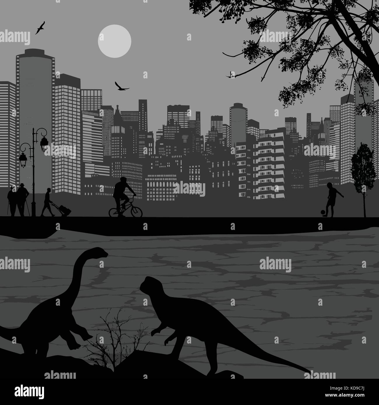 Dinosaurier Silhouetten vor einem stadtbild in der Nähe von Wasser, Vector Illustration Stock Vektor