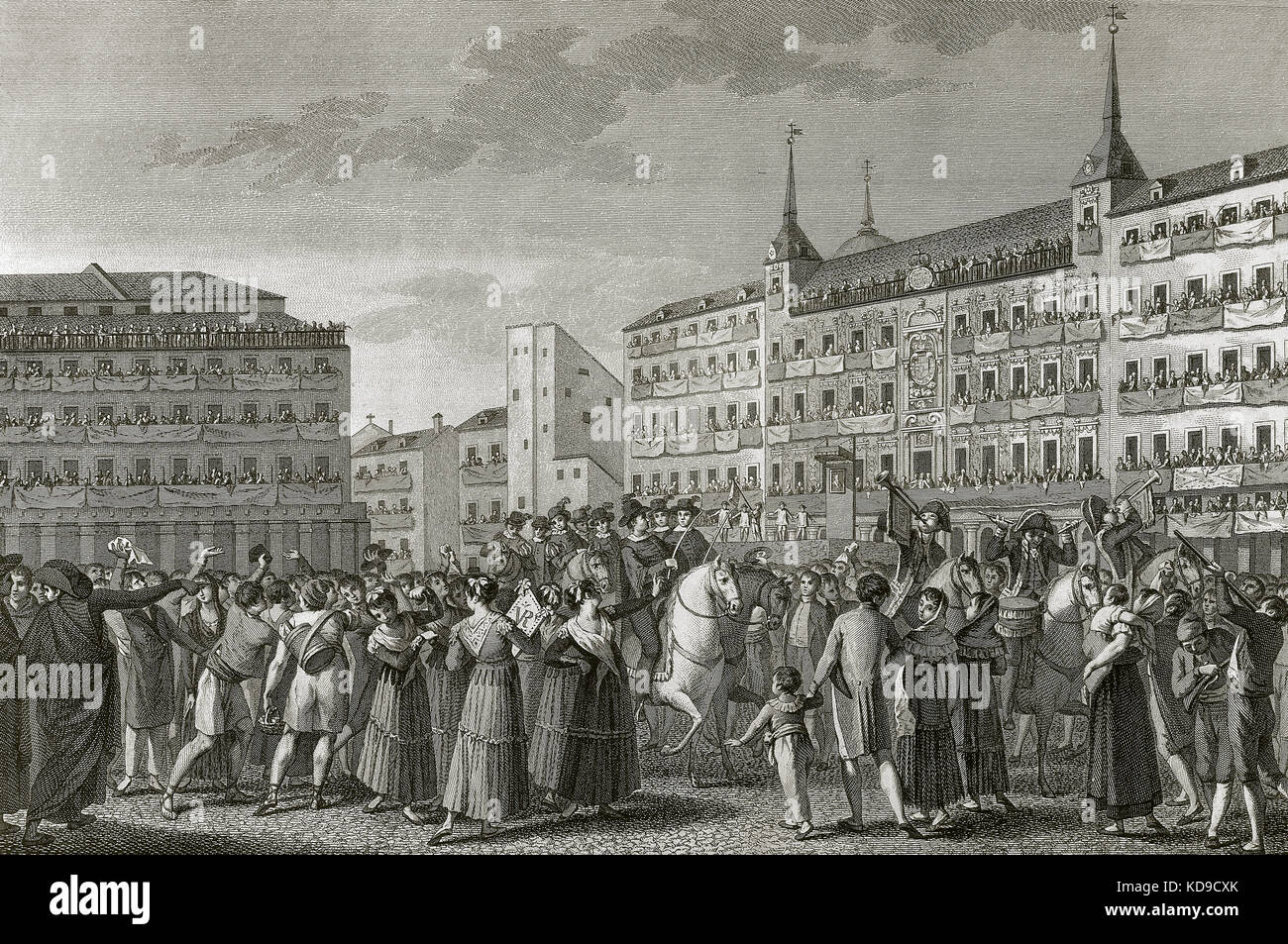 Spanien. Madrid. Ferdinand VII (1784-1833) wird zum König von Spanien in Abwesenheit am 24 August, 1808 auf dem Hauptplatz (Plaza Mayor). Gravur. Stockfoto