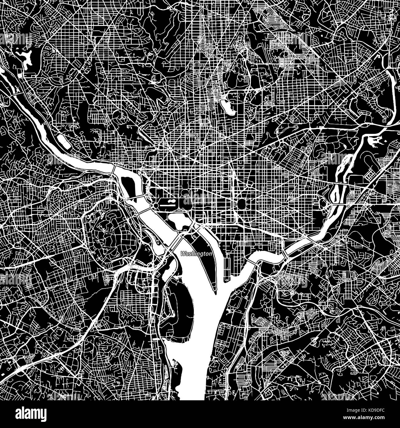 Washington, District of Columbia. Vektorkarte Innenstadt. Name der Stadt auf einer separaten Ebene. Druckvorlage für Bilder. Schwarz und Weiß. Stockfoto