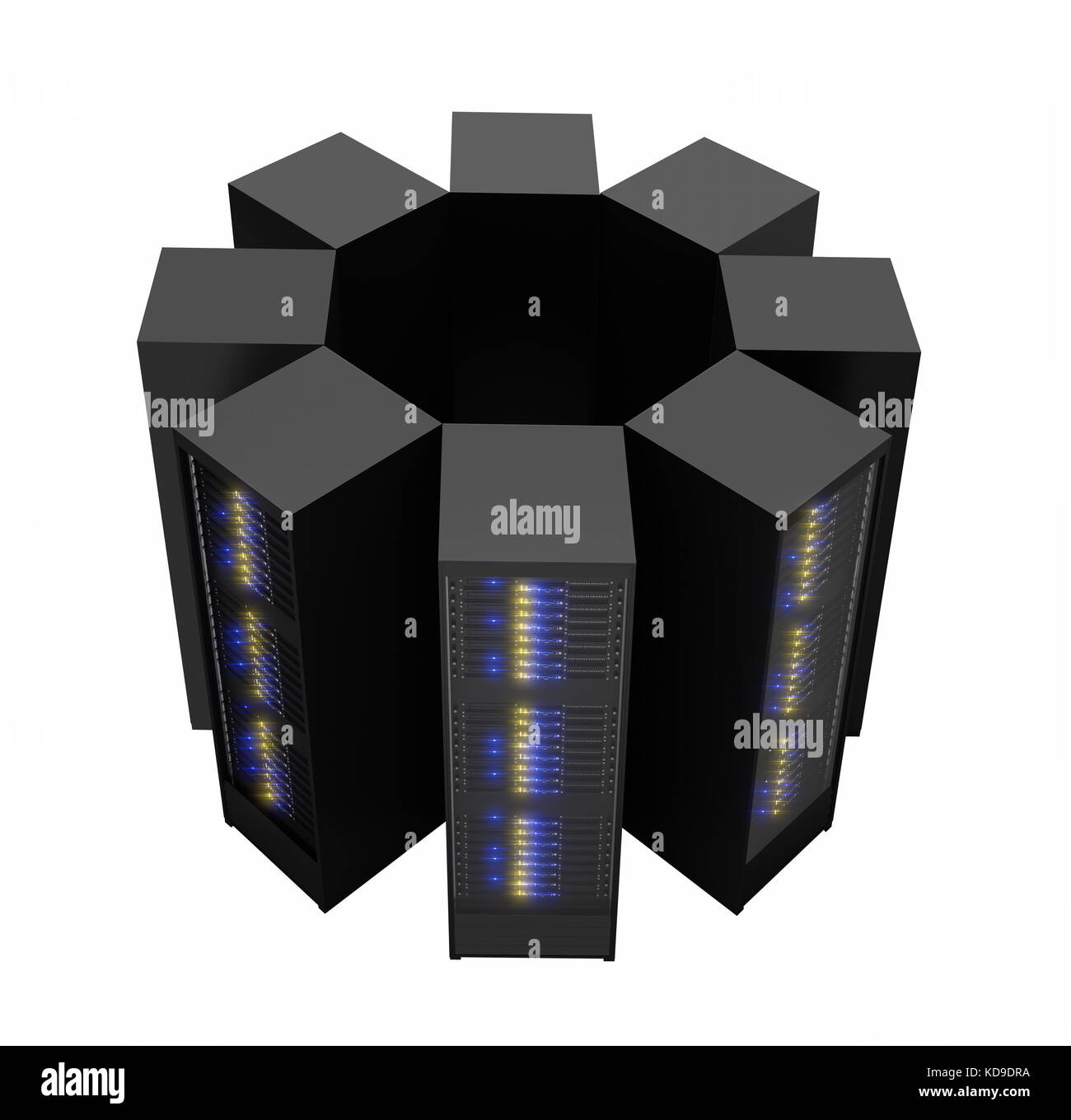 Server-Racks im Cluster angeordnet. Isoliert auf weißem Hintergrund Stockfoto