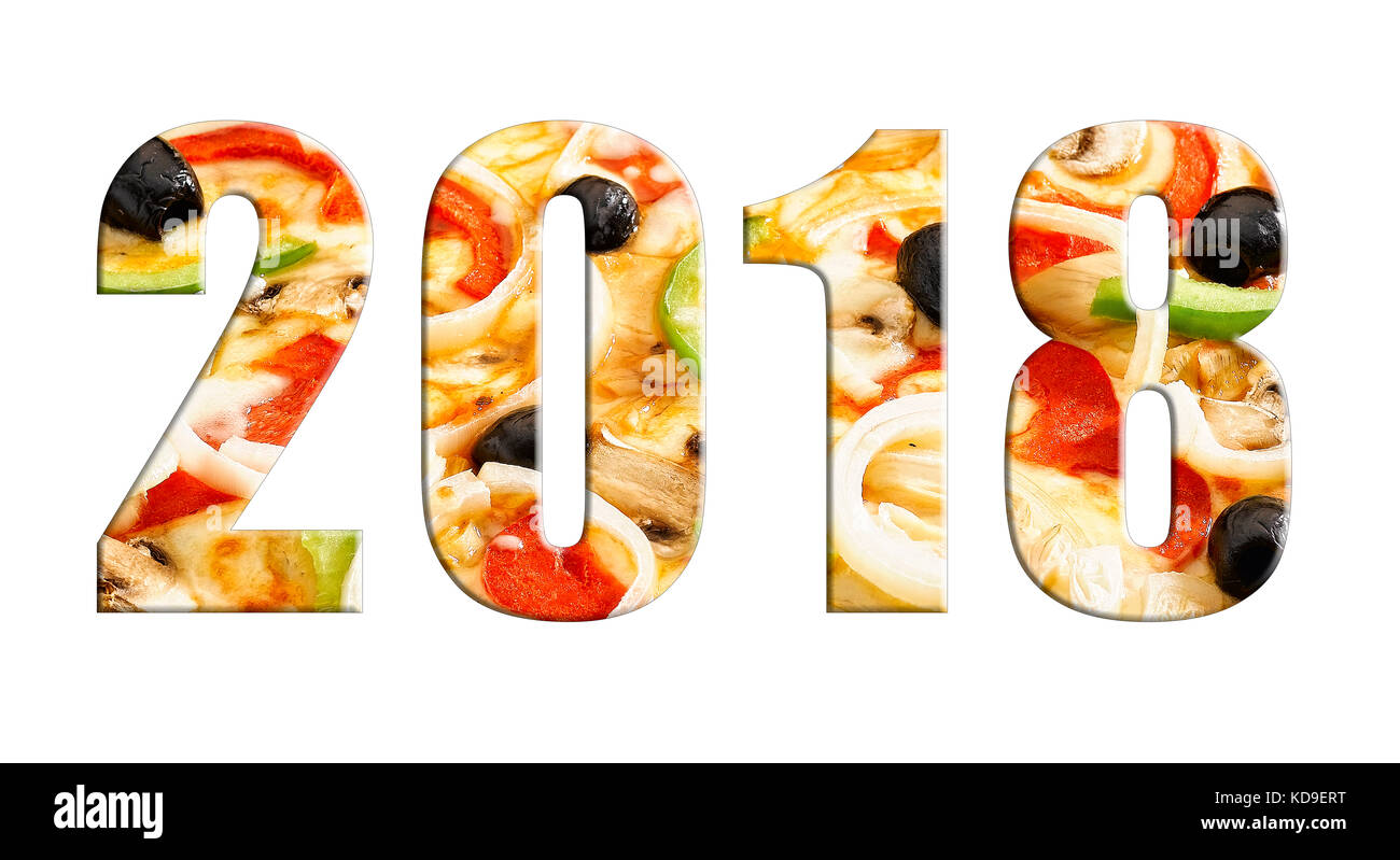 2018 Briefe mit traditionellen Pizza innen auf weißem Hintergrund Stockfoto