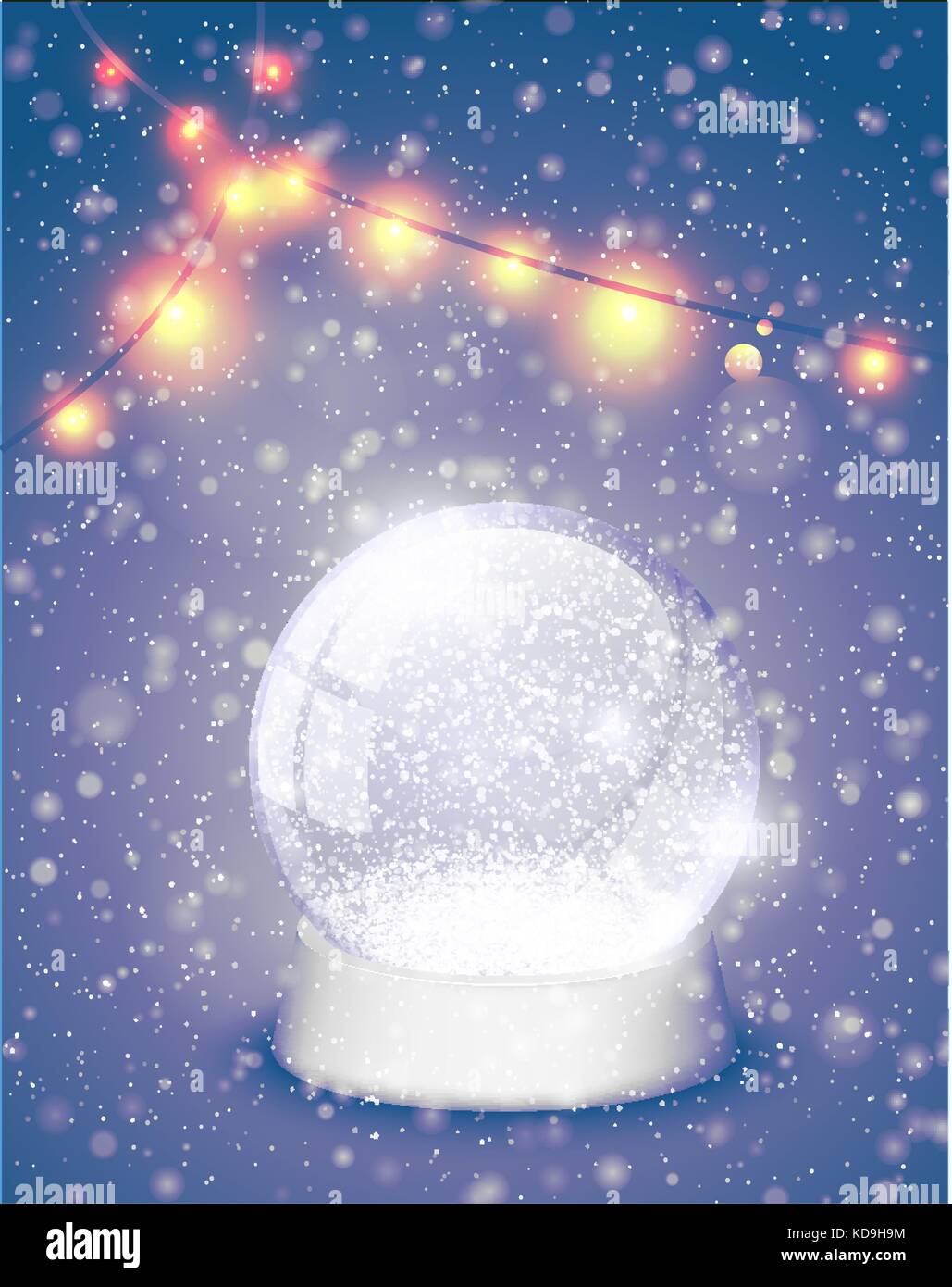 Schneekugel Christmas Magic Ball mit leuchten die gelben Hintergrund. xmas snowglobe Grußkarte Vector Illustration. Winter in Glaskugel, kristall Kuppel Stock Vektor