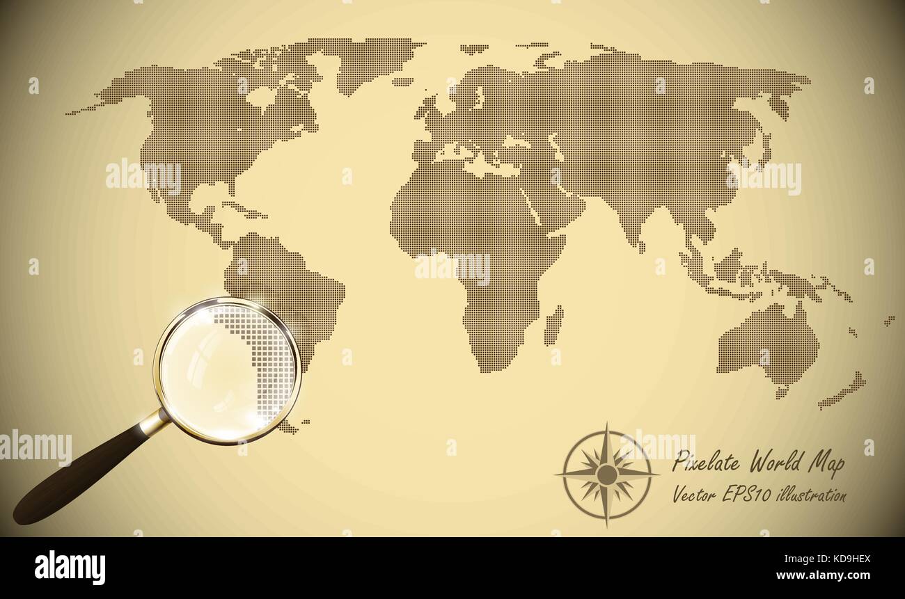 Abstrakte gepunktete Karte altes Papier halftone retro Effekt Vector Illustration. Weltkarte Silhouette. Continental Formen der Punkte. monochrom runder Punkt Korn Stock Vektor