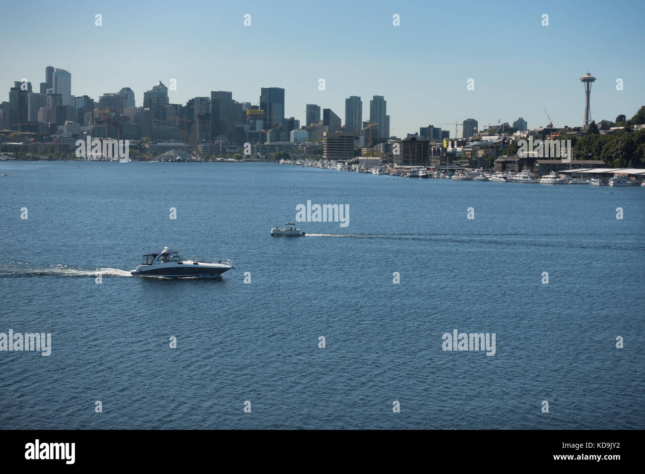 Vergnügungsboot auf Lake Union, Seattle. Die Skyline von Seattle und der landschaftlich reizvolle Lake Union vom Gas Works Park aus; Space Needle in der Ferne. Stockfoto