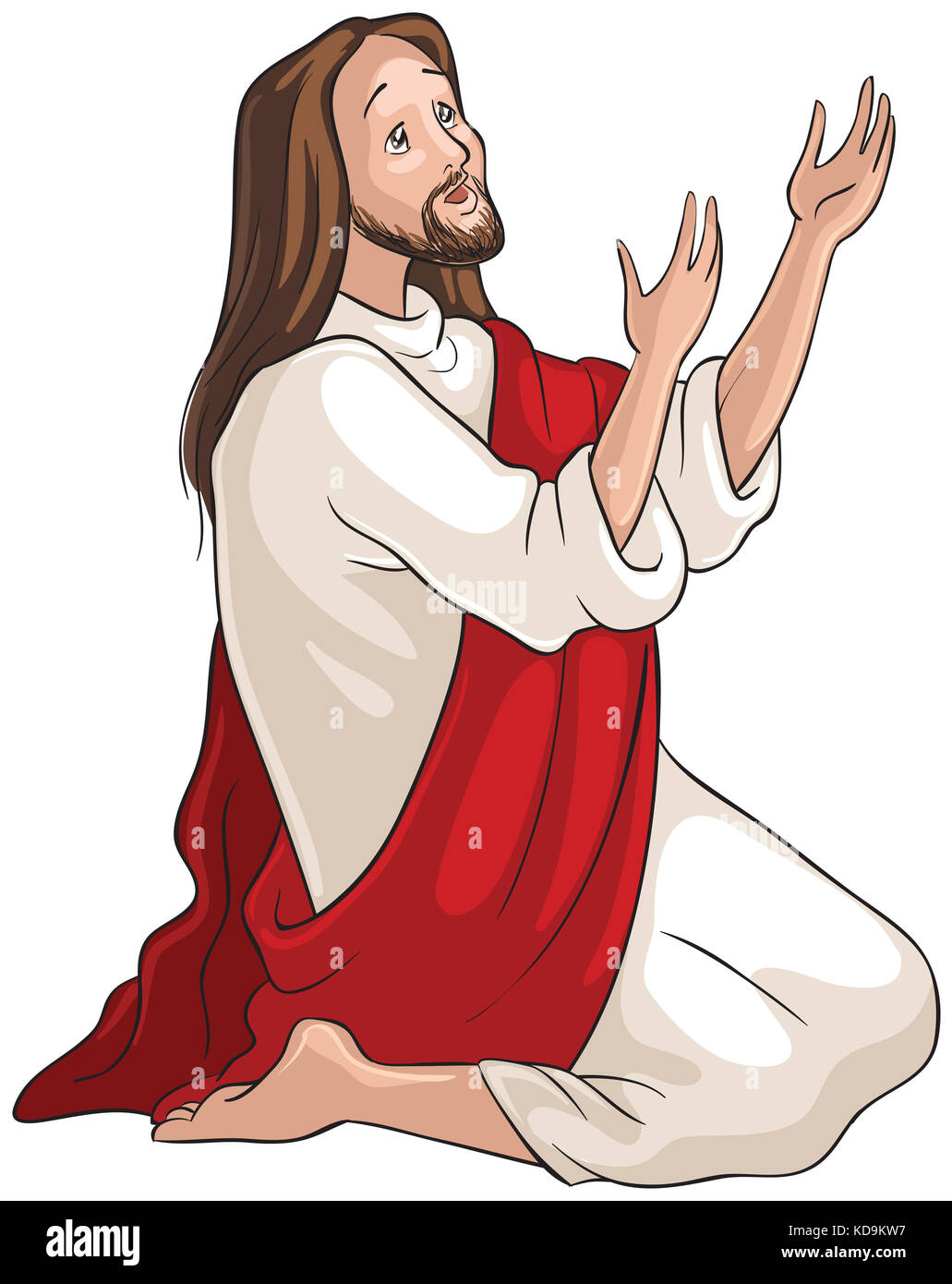 Jesus kniend im Gebet. Christian Cartoon Illustration Stockfoto