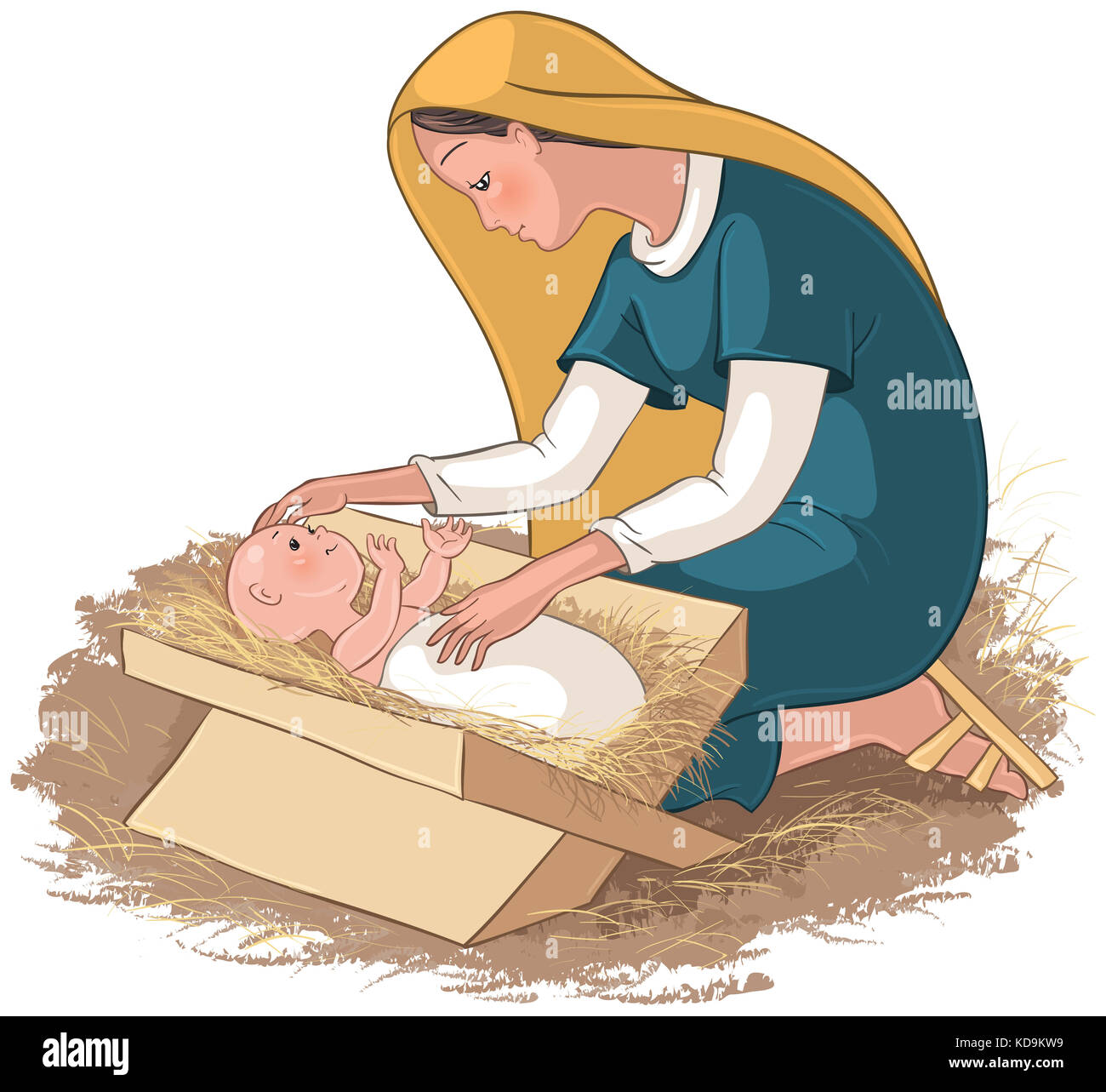 Mutter Maria mit dem Kind Jesus in der Krippe. Christian Cartoon Illustration Stockfoto