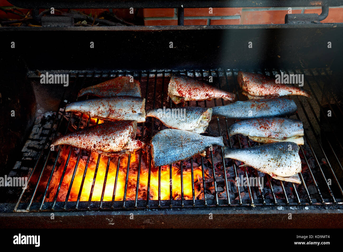 Kochen frische Forelle und Goldbrasse auf einem Grill. Stockfoto
