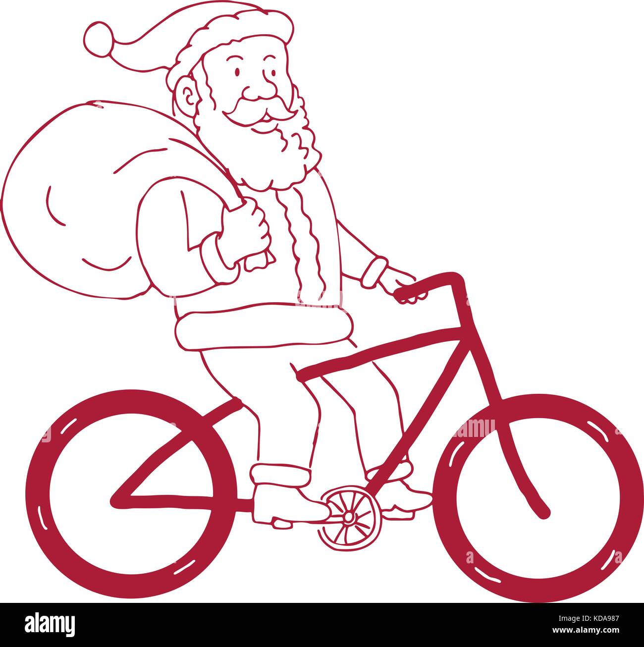 Cartoon Zeichnung Skizze stil Abbildung von Santa Claus mit dem Fahrrad Fahrrad holding Tasche Geschenke Geschenke auf Schulter von der Seite gesehen auf isolierte Stock Vektor