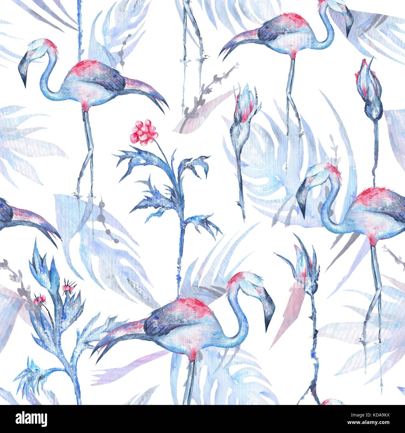 Nahtlose Textur mit frostigen blauen tropischen Pflanzen, Blumen und Vögel auf weißem Hintergrund für Textilien und Tapeten Design Stockfoto