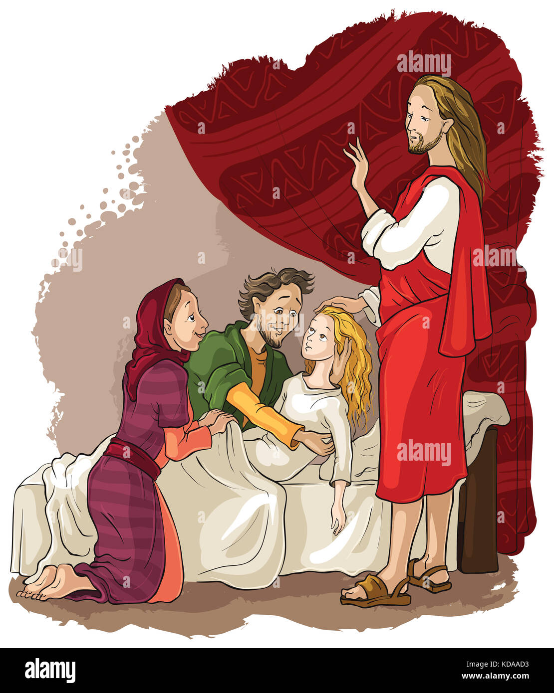 Wunder von Jesus. Anheben des Jairus Tochter. Christian Cartoon Illustration Stockfoto