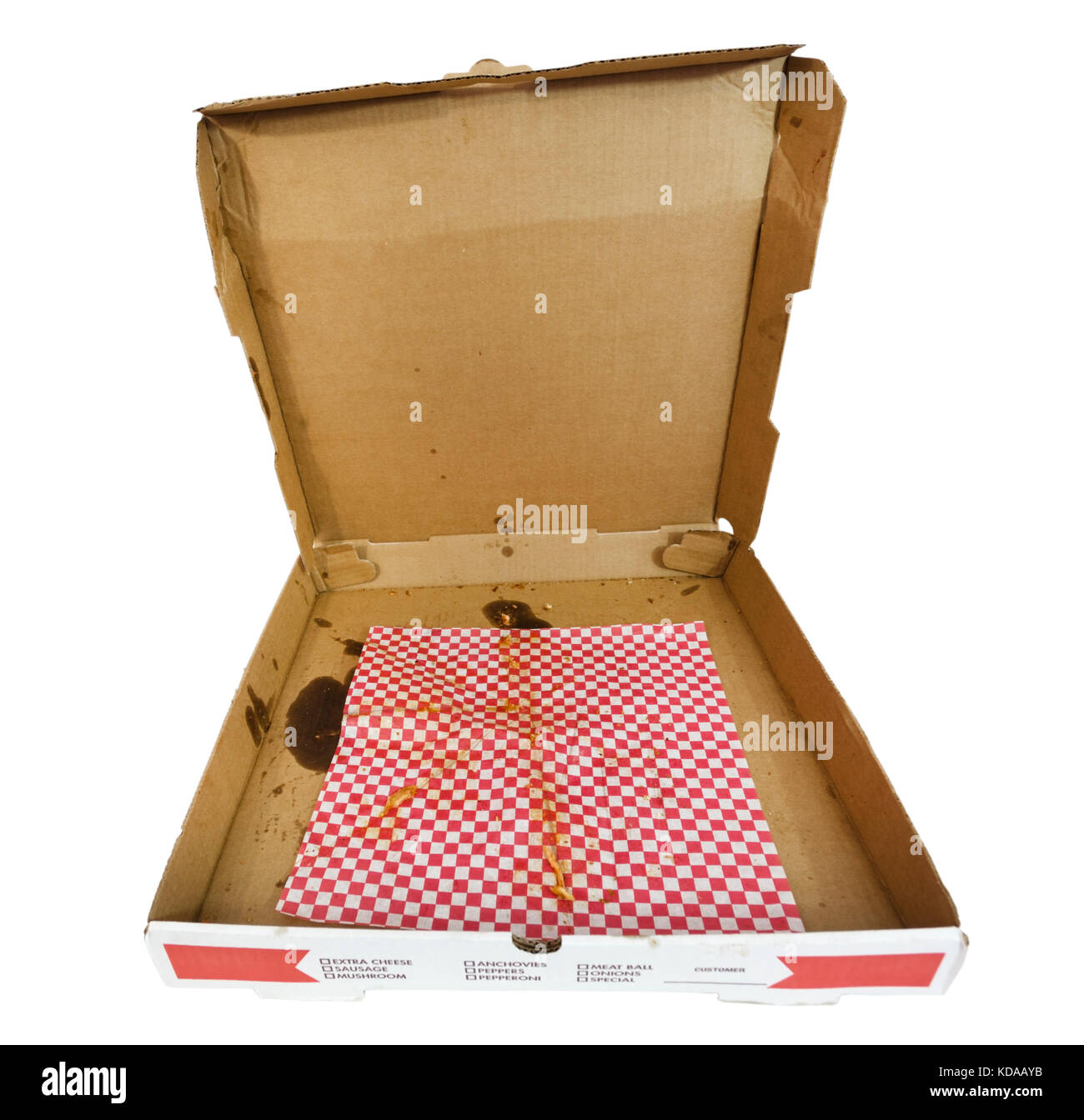Leere pizza box mit fettigen rot-weiß karierten Papier. Deckel öffnen. isoliert. Stockfoto