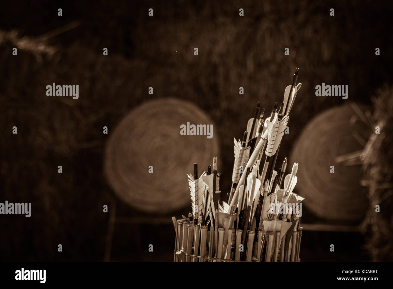 Köcher Pfeile vor Stroh Ziele Stockfoto