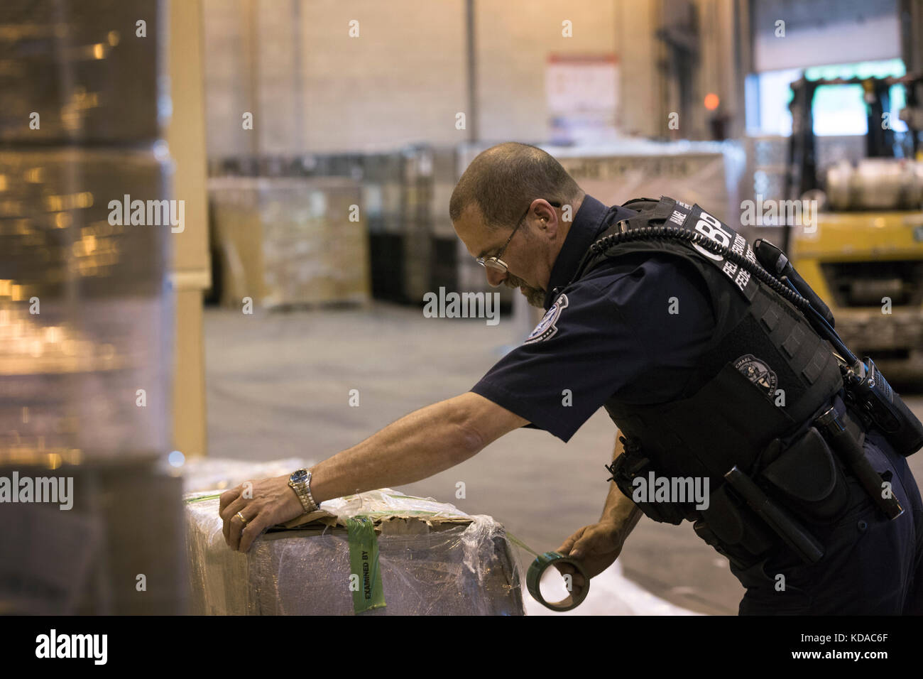 US-Zollbeamte und Grenzschutzbeamte prüfen eingehende Sendungen auf Schmuggelware in der Frachteinrichtung des Boston Logan International Airport am 20. Juni 2017 in Boston, Massachusetts. Stockfoto