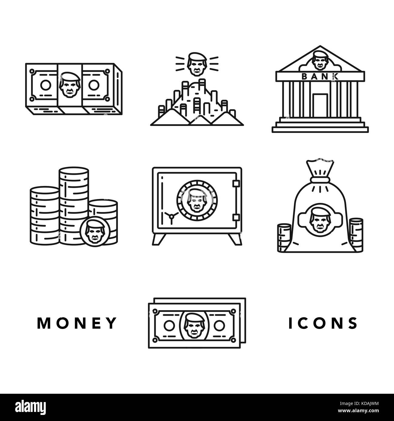 Vector Icons Set von Geld und Finanzen Attribute wie Banknoten, Münzen, Safe und Bank auf weißem Hintergrund mit Schriftzug. Geld und finanzielle Stock Vektor