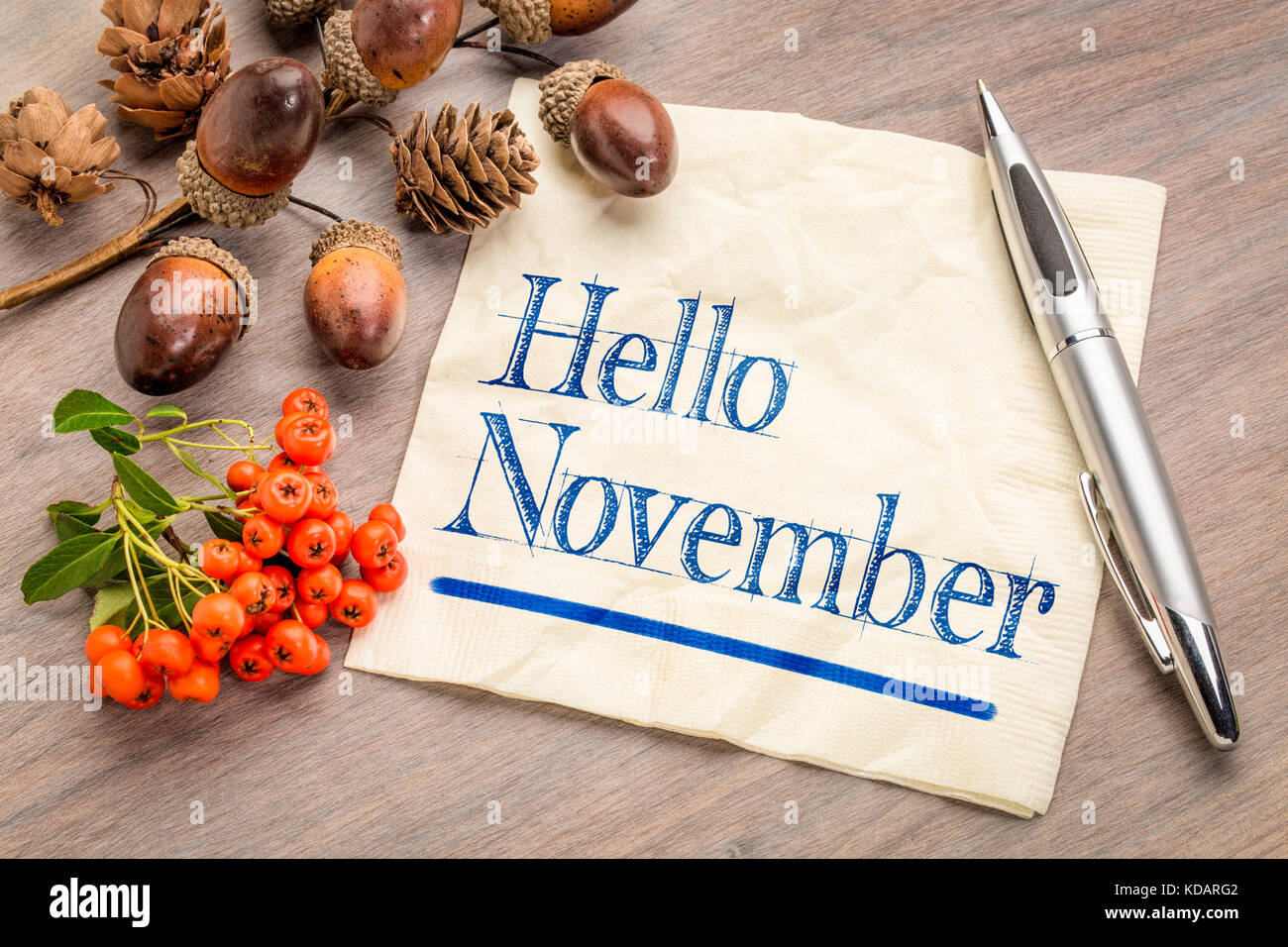 Hallo november Handschrift auf eine Serviette mit Konus, Eichel und firethorn Saison Dekoration Stockfoto