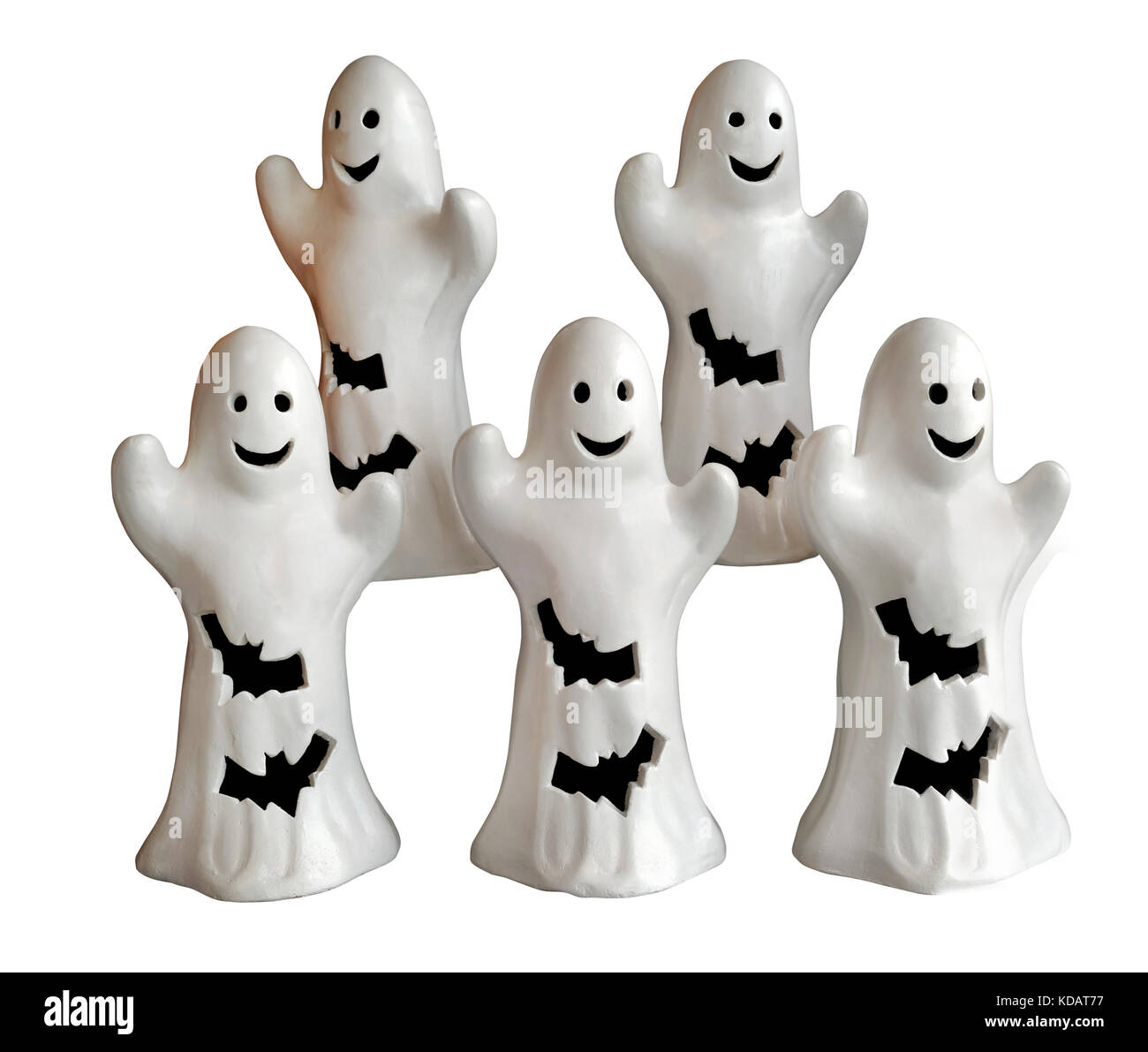 Fünf happy halloween ghost Ornamente mit Lächeln und Fledermäuse. horizontal. Stockfoto
