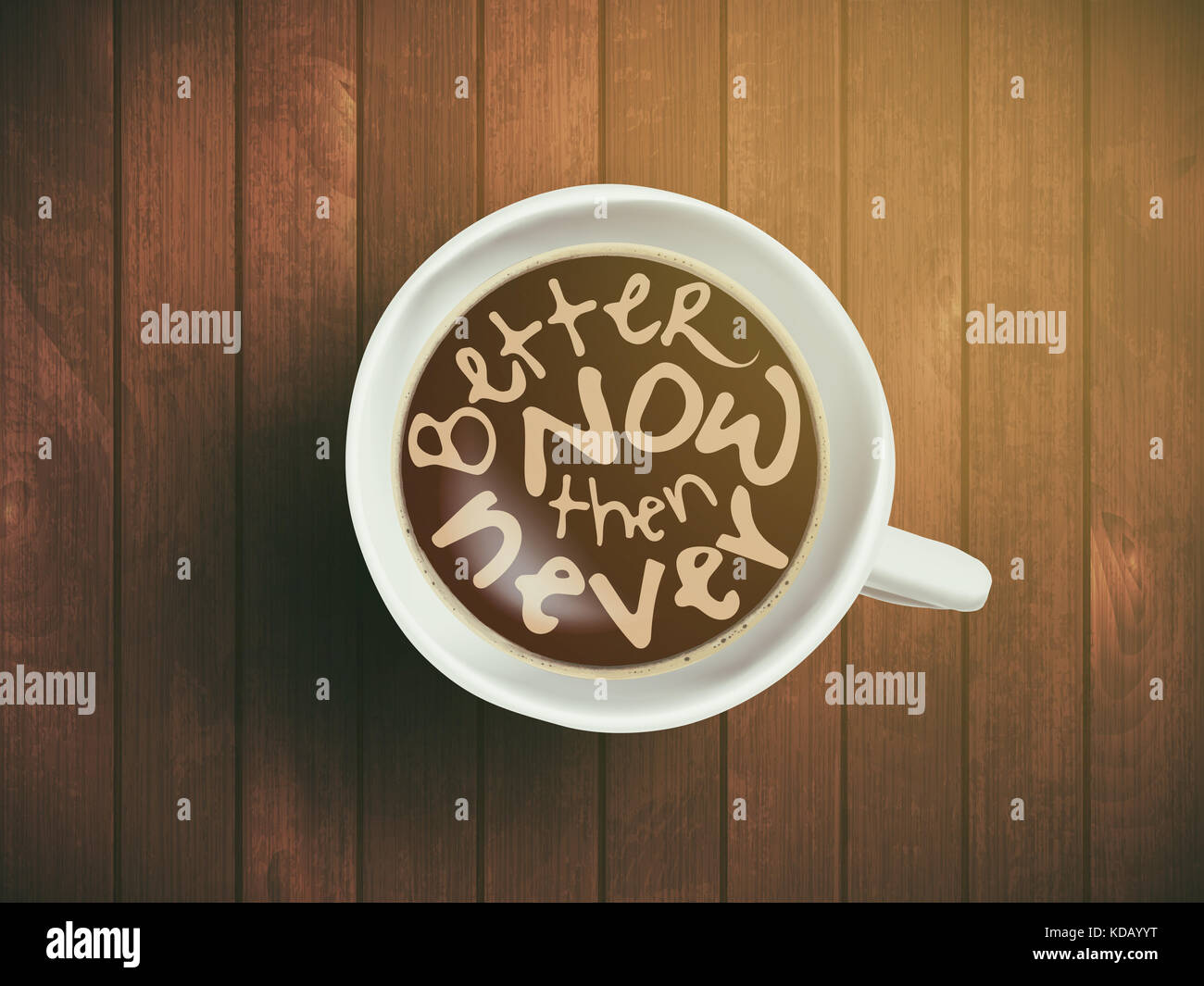 Kaffee Tasse mit Schriftzug, motivation Zitate über Zeit, das Erwachen, richtigen Moment. realistische Kaffee schwarz auf braun Holz- Hintergrund mit Motivation Stockfoto