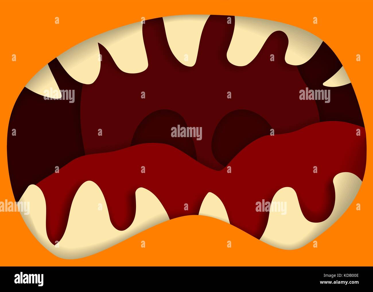 Monster Mund und Zähne Vektor Illustration, für halloween Banner. Illusion von Tiefe. Orange und rote halloween Monster Mund. Stock Vektor