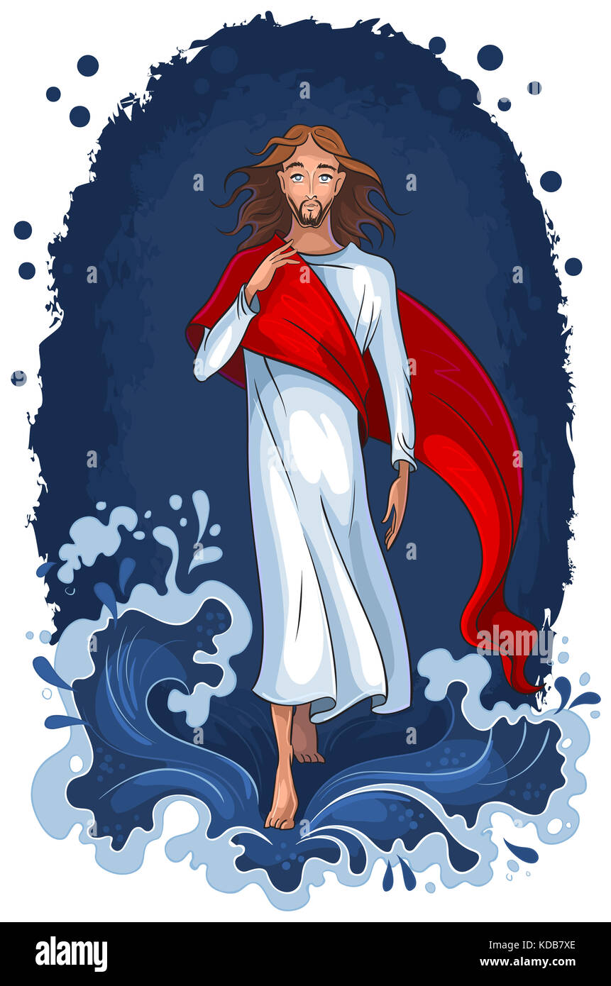 Biblische Geschichte von Jesus auf dem Wasser gehen. Christian Cartoon Illustration Stockfoto