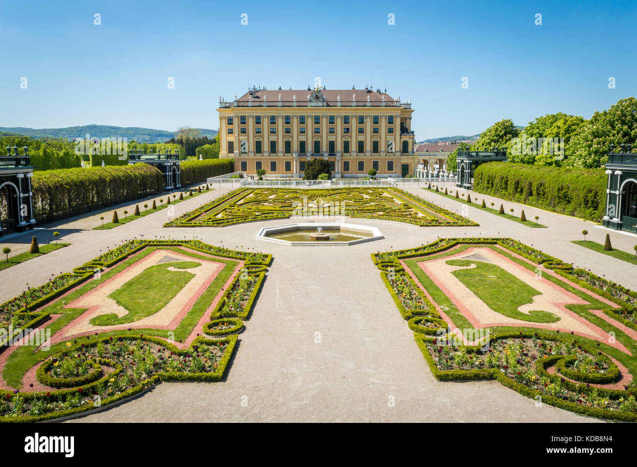 Blick auf den Privy Garden im Schloss Schönbrunn in Österreich, Wien. Stockfoto