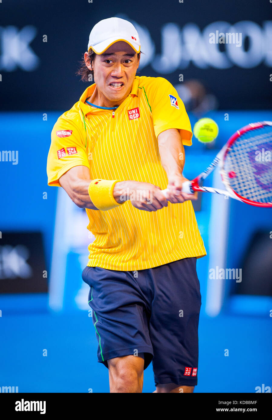 Kei Nishikori (JPN) präsentierte eine starke Herausforderung an Nummer eins gesetzten r. Nadal (esp) bei den Herren singles Division in Tag acht der Australian Open Stockfoto