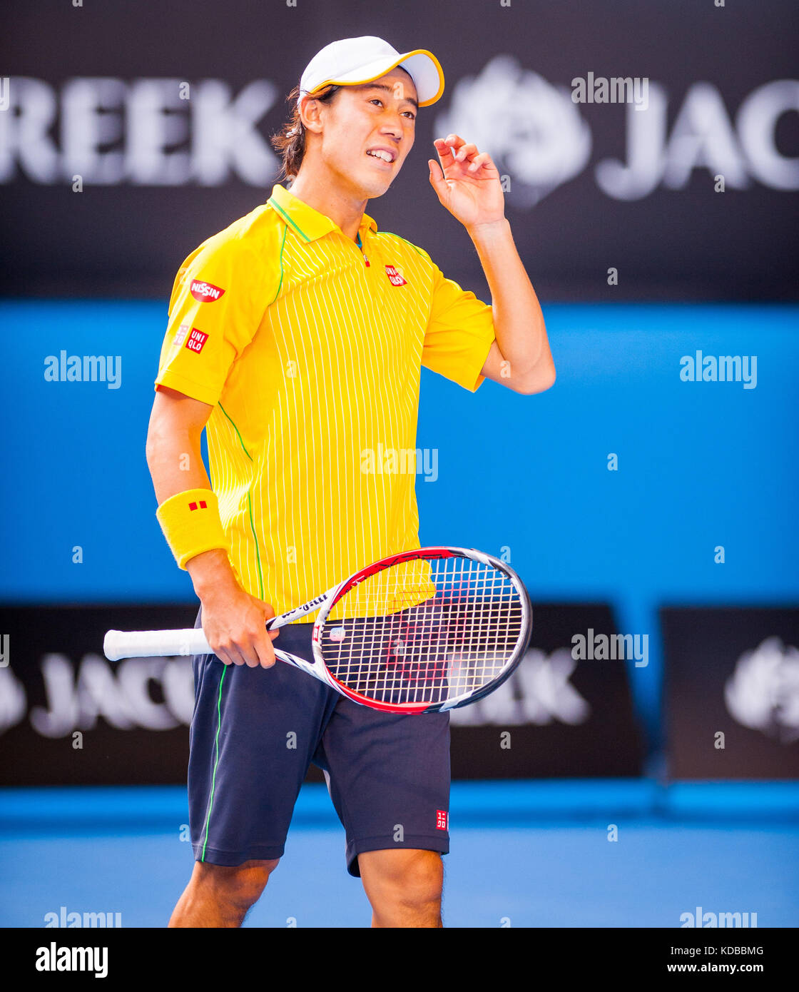 Kei Nishikori (JPN) präsentierte eine starke Herausforderung an Nummer eins gesetzten r. Nadal (esp) bei den Herren singles Division in Tag acht der Australian Open Stockfoto