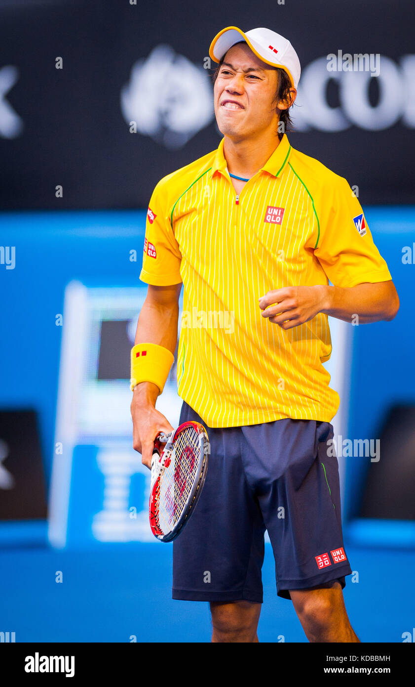 Kei Nishikori (JPN) stellte am achten Tag der Australian Open eine starke Herausforderung für R. Nadal (ESP), den ersten Platz in der Männereinzel-Division, vor Stockfoto