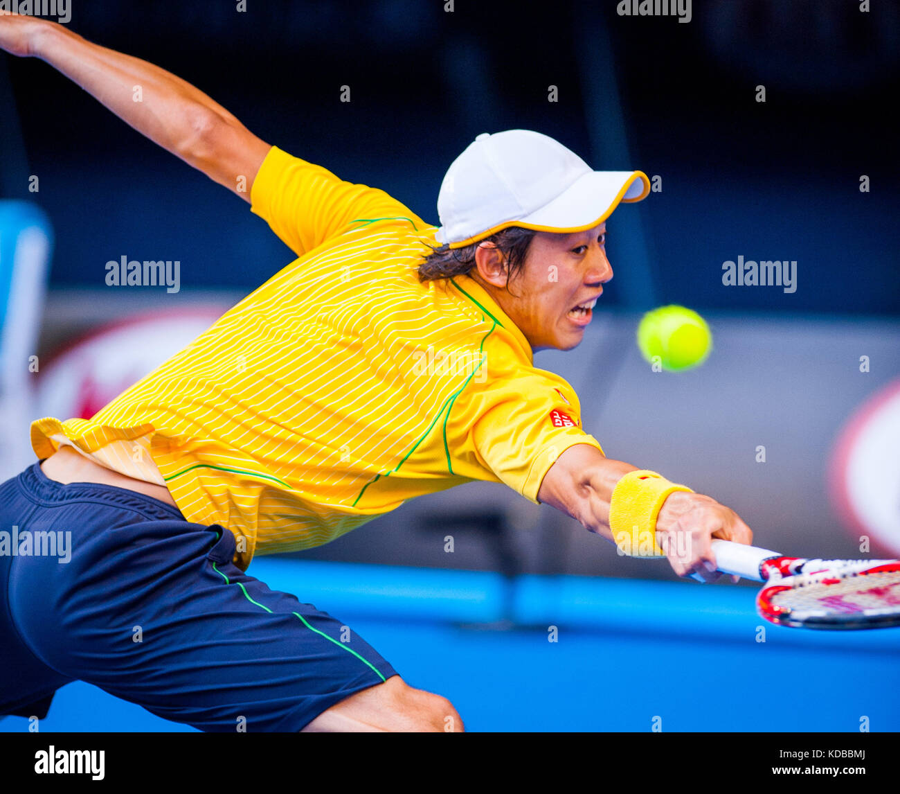 Kei Nishikori (JPN) stellte am achten Tag der Australian Open eine starke Herausforderung für R. Nadal (ESP), den ersten Platz in der Männereinzel-Division, vor Stockfoto