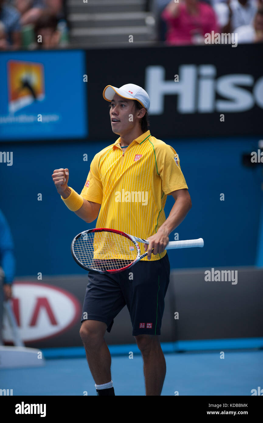 Kei Nishikori (JPN) stellte am achten Tag der Australian Open eine starke Herausforderung für R. Nadal (ESP), den ersten Platz in der Männereinzel-Division, vor Stockfoto