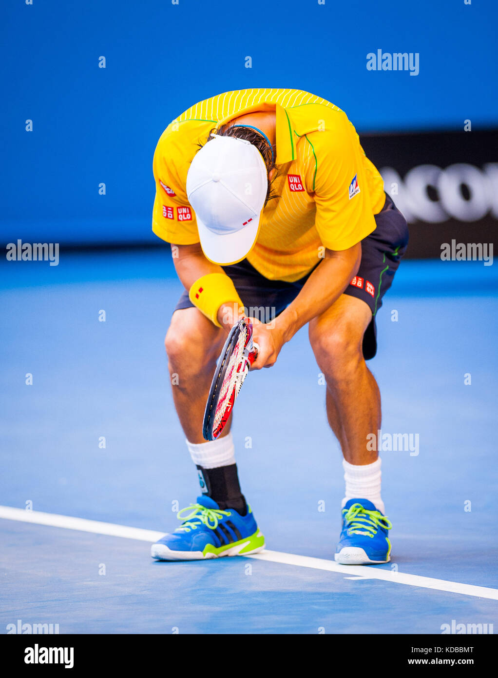 Kei Nishikori (JPN) stellte am achten Tag der Australian Open eine starke Herausforderung für R. Nadal (ESP), den ersten Platz in der Männereinzel-Division, vor Stockfoto