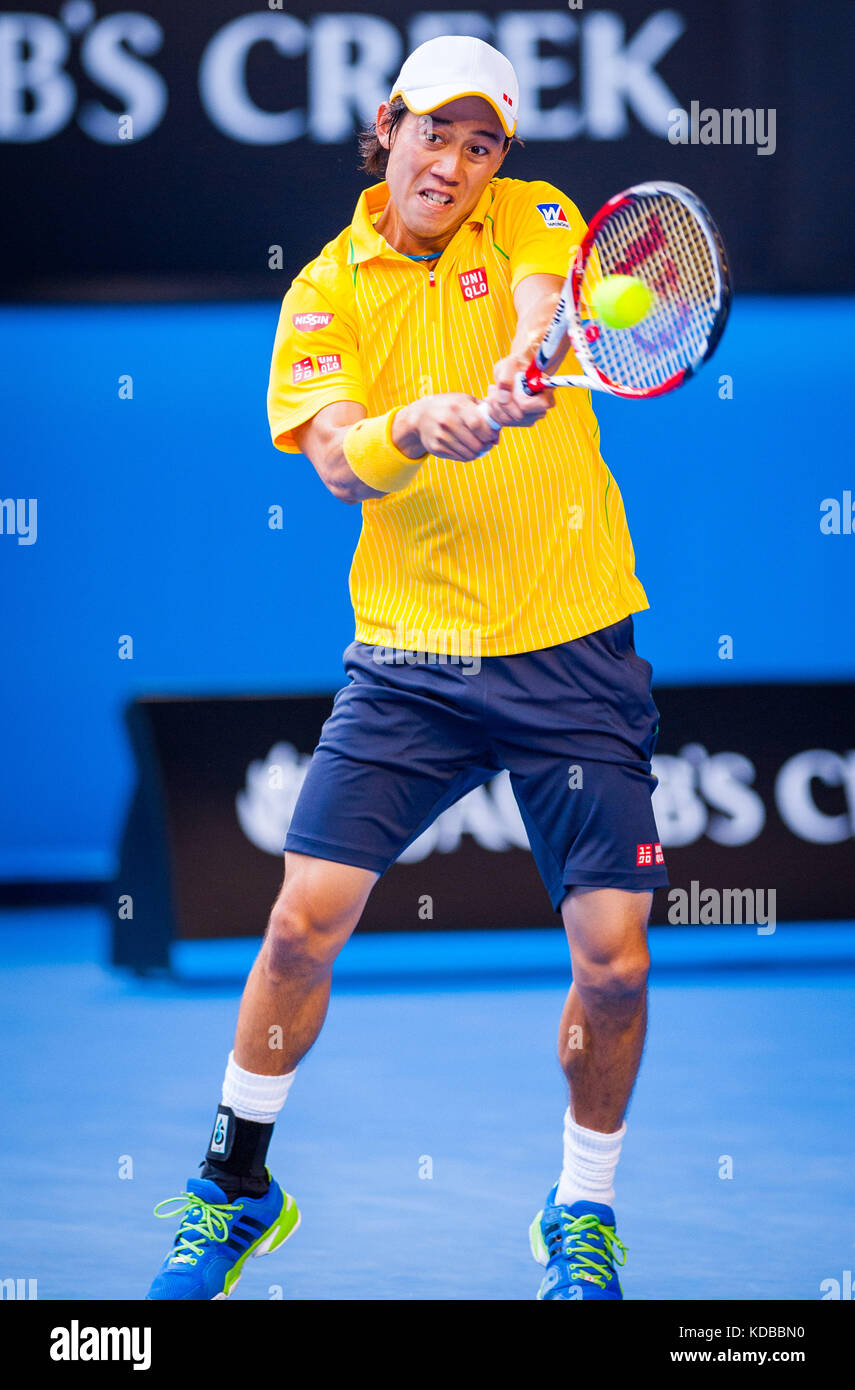 Kei Nishikori (JPN) präsentierte eine starke Herausforderung an Nummer eins gesetzten r. Nadal (esp) bei den Herren singles Division in Tag acht der Australian Open Stockfoto