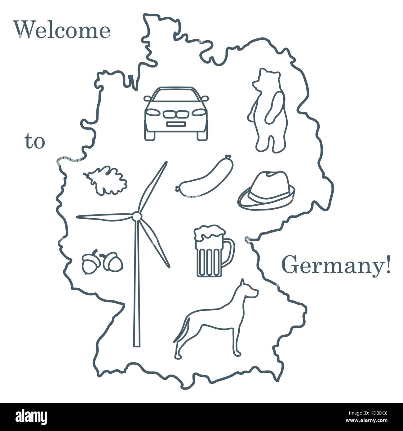Vector Illustration mit verschiedenen Symbolen in Deutschland. Reisen und Freizeit. Design für Banner, Poster oder Drucken. Stock Vektor