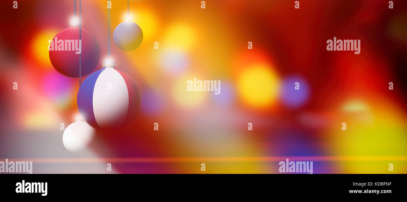 Flagge Frankreich auf xmas Ball. Weihnachten Hintergrund Ecke design Element mit weißen Blasen. verschwommen und abstrakt. Stockfoto