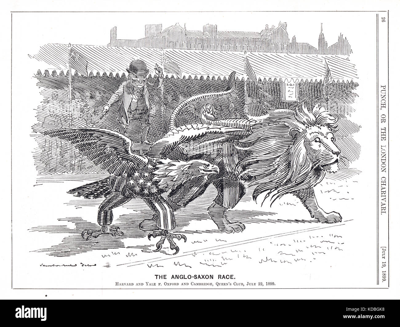 Athletics Meeting im Queen's Club, 22. Juli 1899. Oxford und Cambridge gegen Harvard und Yale. Punch Cartoon mit dem Titel das angelsächsische Rennen. Stockfoto