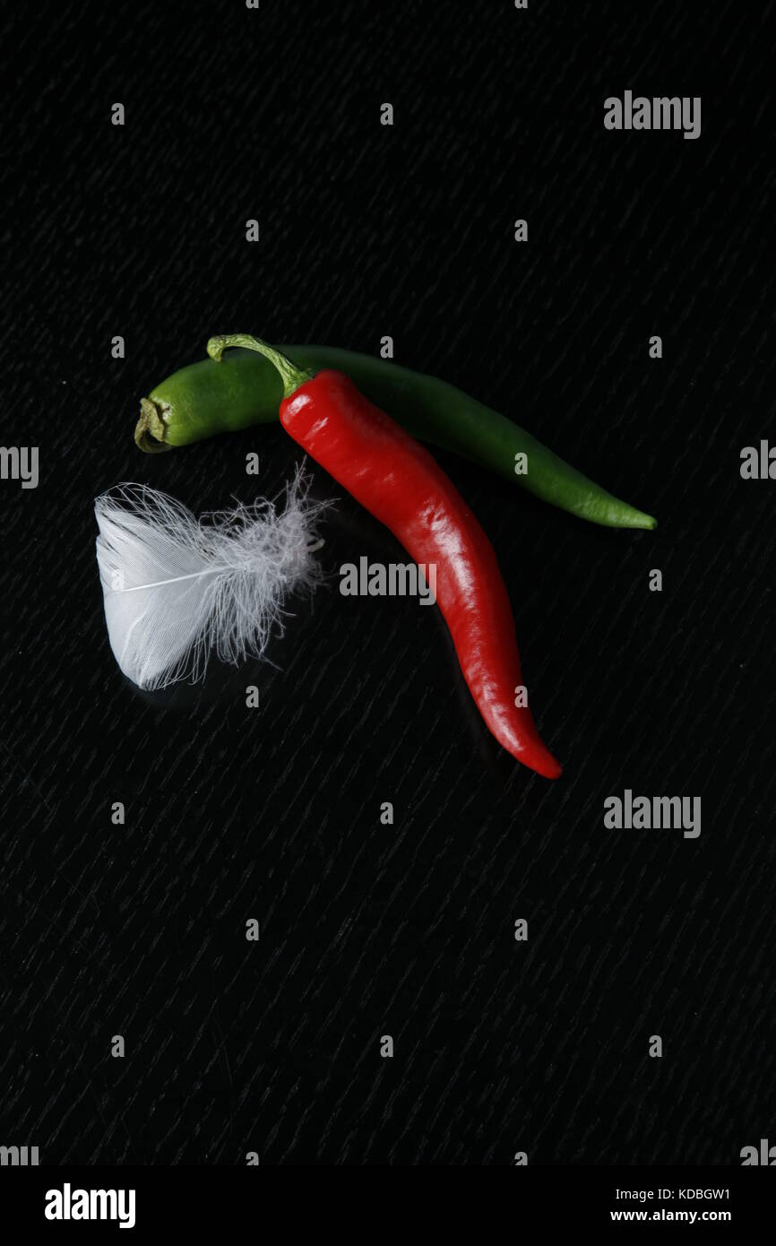 Zwei Chilis mit Gänsefeder - zwei Chilis mit Gänsefeder Stockfoto