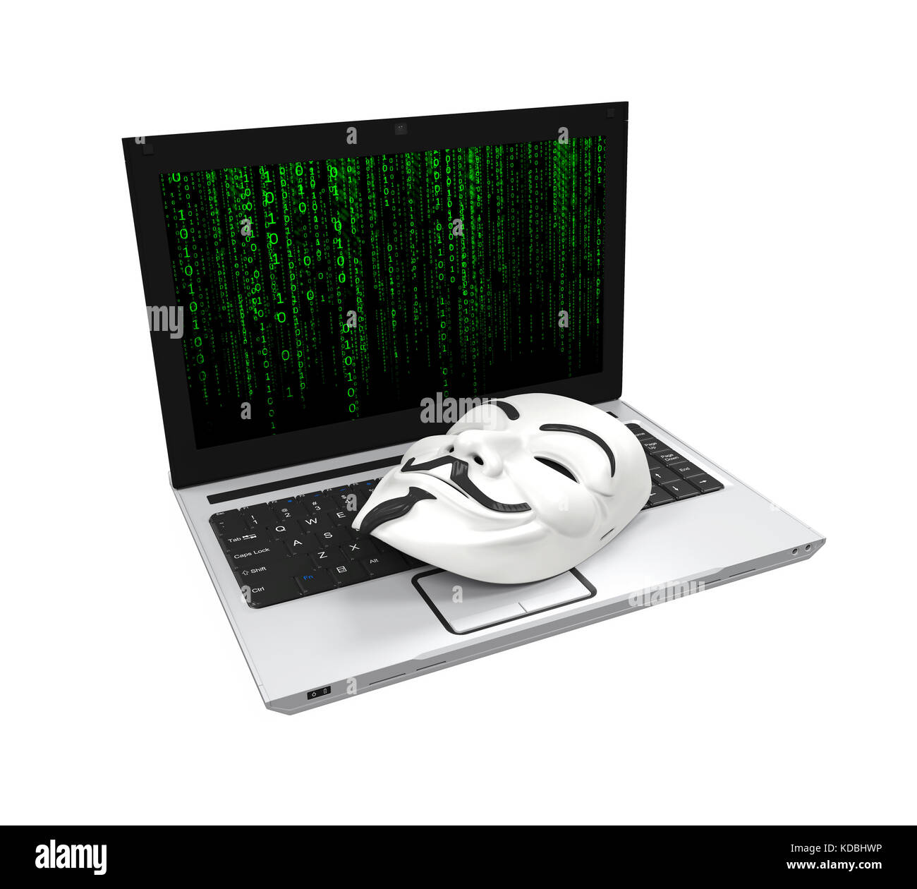 Laptop mit weißen hacker Maske isoliert Stockfoto