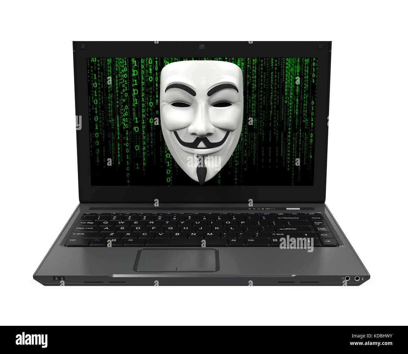 Laptop mit weißen hacker Maske isoliert Stockfoto