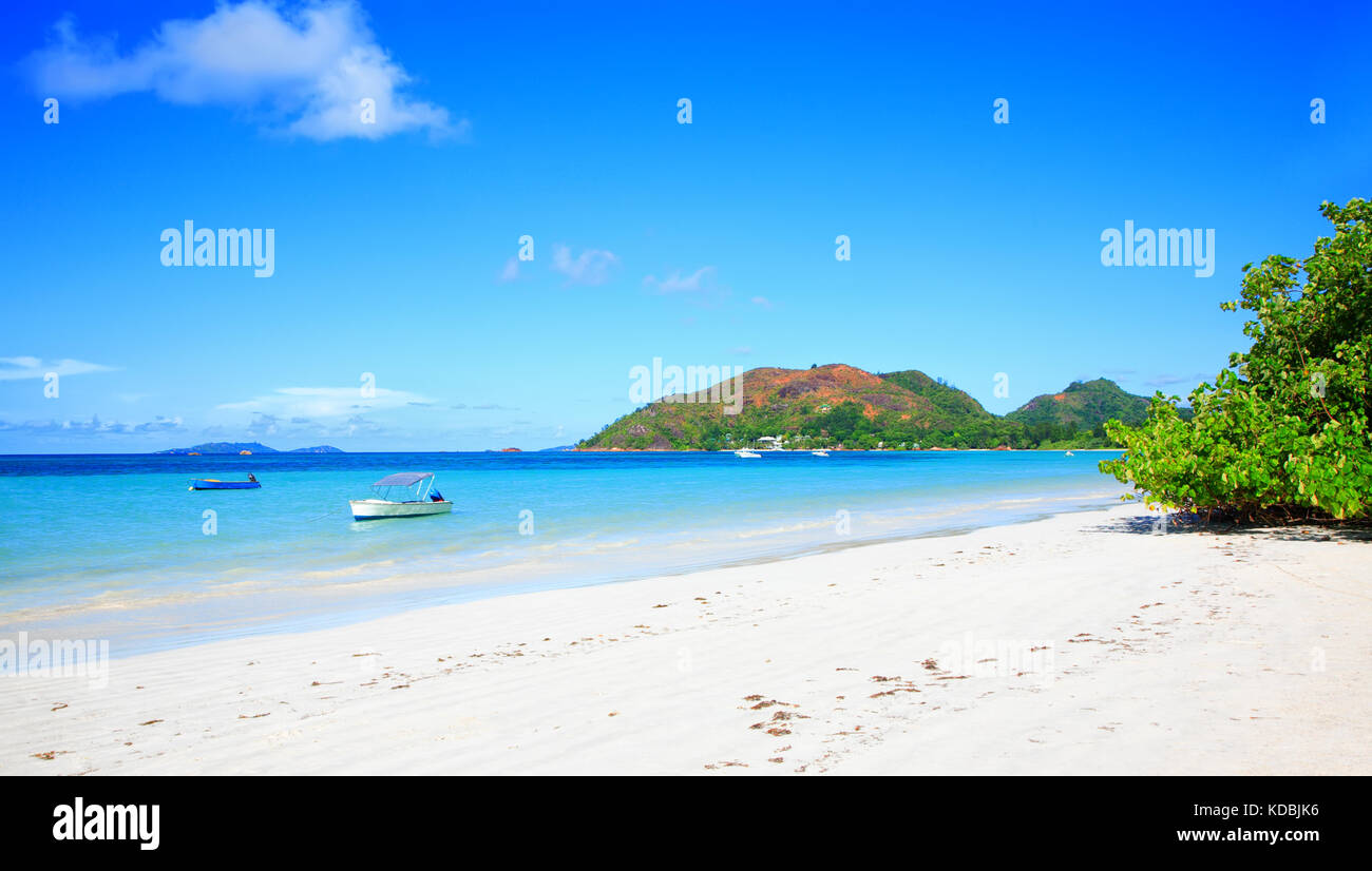 Anse Volbert Beach, Insel Praslin, Seychellen. Stockfoto