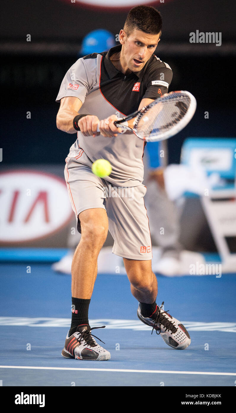 Novak Djokovic (SRB) ging gegen unseeded Lucas lacko (Svk) in einem Spiel der 2014 Australian Open in Melbourne Djokovic besiegt Lacko 6-3 Stockfoto