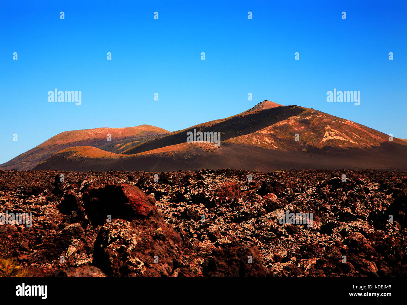 Vulkanlandschaft, Nationalpark Timanfaya, Insel Lanzarote, Kanarische Inseln, Spanien. Stockfoto