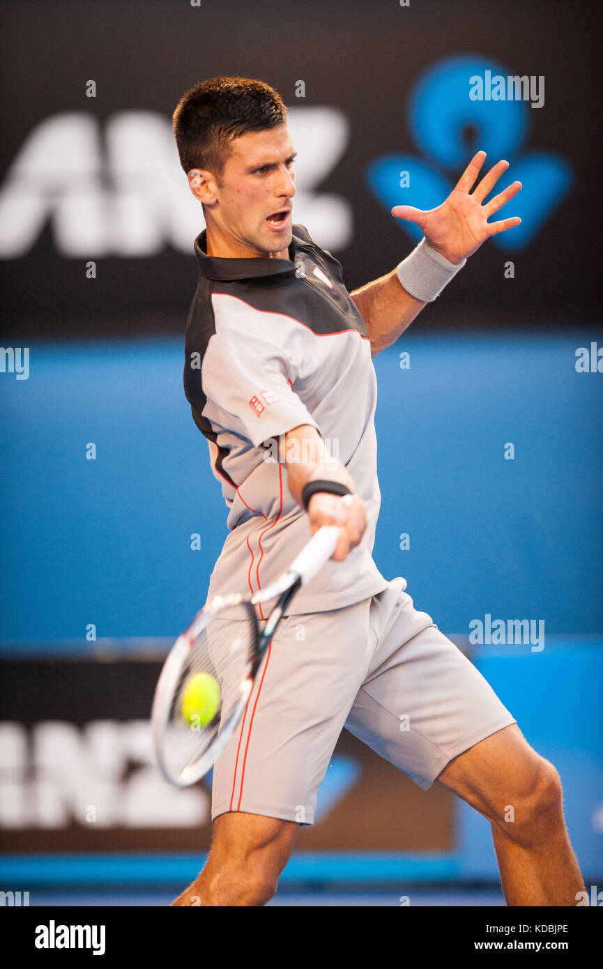 Novak Djokovic (SRB) ging gegen unseeded Lucas lacko (Svk) in einem Spiel der 2014 Australian Open in Melbourne Djokovic besiegt Lacko 6-3 Stockfoto